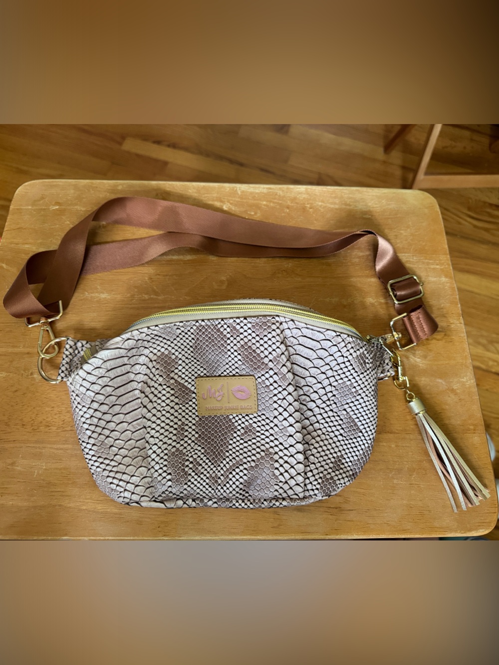 Makeup Junkie Sidekick Pink Taupe Snake-Print Crossbody Bag with Tassel